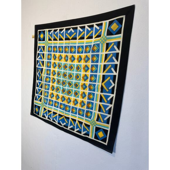 Vintage Scarf Geometric Blue Yellow Black Blue 26.5" x 26.5" Made in Italy - Picture 2 of 6